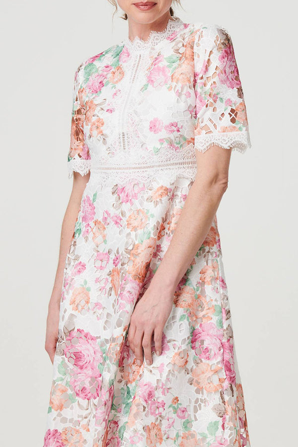 MULTI PINK |  Floral Lace Cut Out Frill Midi Dress