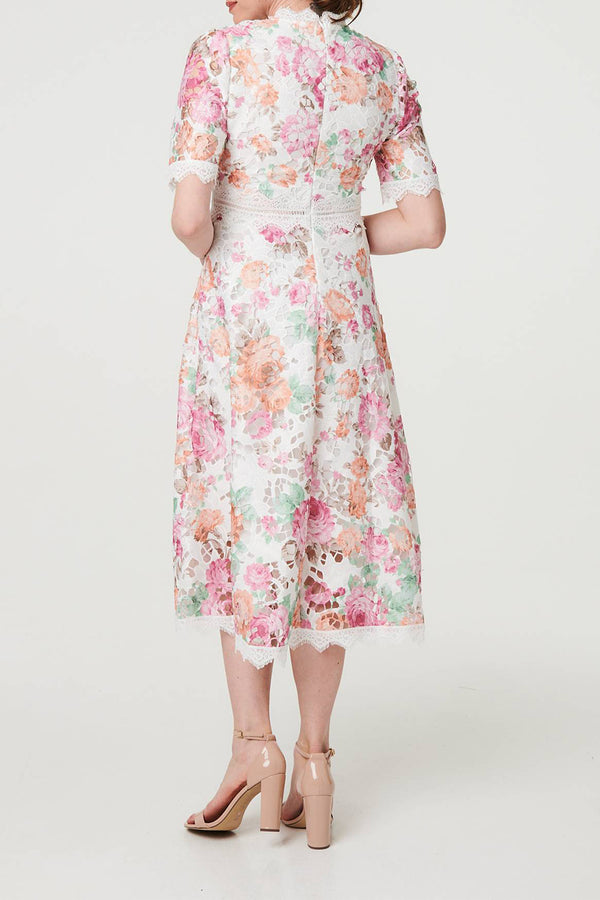 MULTI PINK |  Floral Lace Cut Out Frill Midi Dress