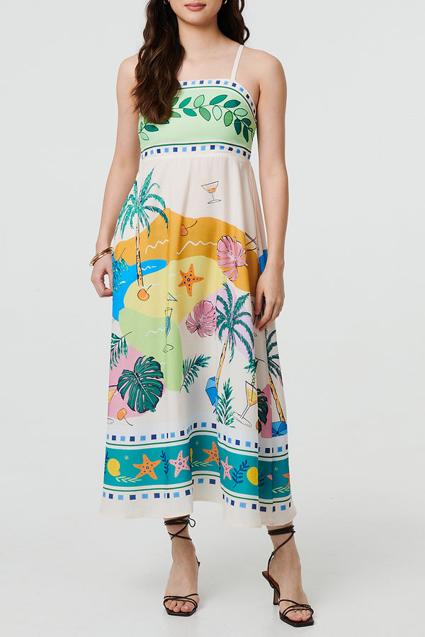 MULTI GREEN | Tropical Print Cami Strap A-Line Midi Dress