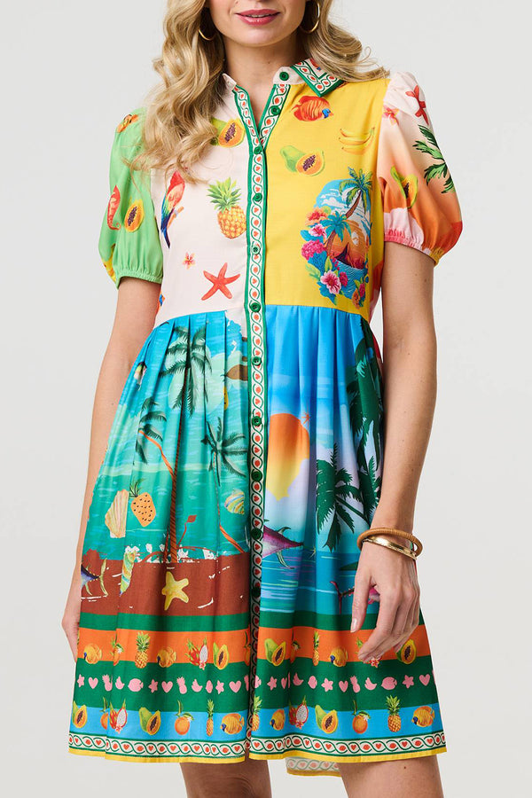 MULTI GREEN | Tropical Puff Sleeve Short Shirt Dress