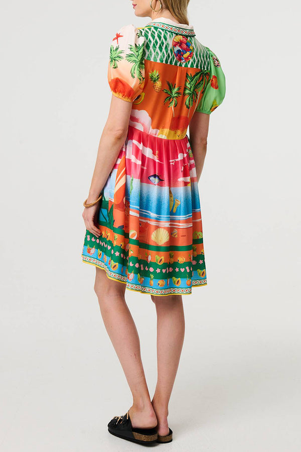 MULTI GREEN | Tropical Puff Sleeve Short Shirt Dress