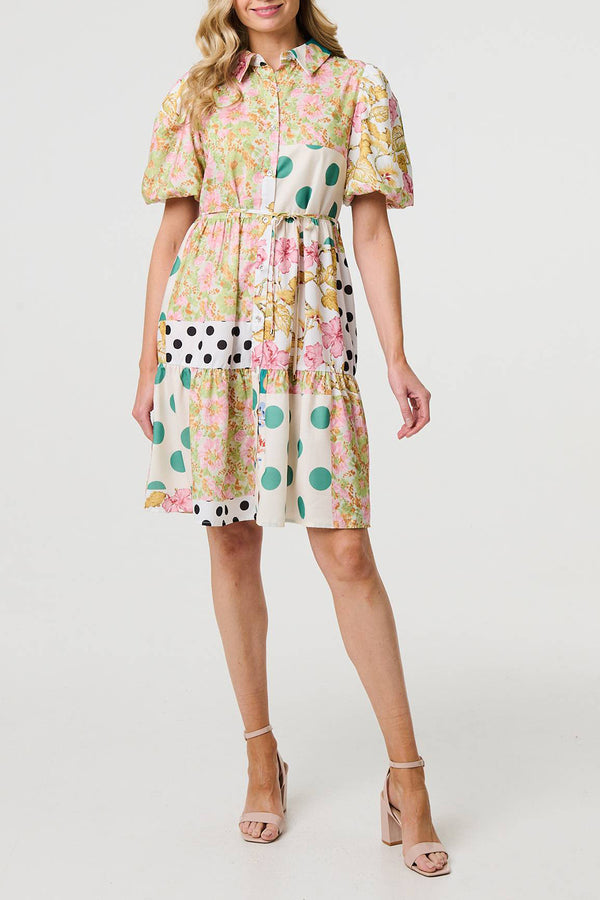 MULTI YELLOW | Patchwork Print 1/2 Puff Sleeve Shirt Dress