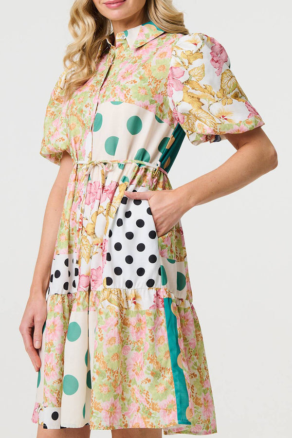 MULTI YELLOW | Patchwork Print 1/2 Puff Sleeve Shirt Dress