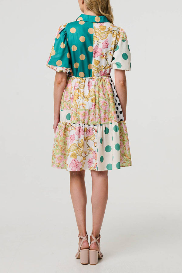 MULTI YELLOW | Patchwork Print 1/2 Puff Sleeve Shirt Dress