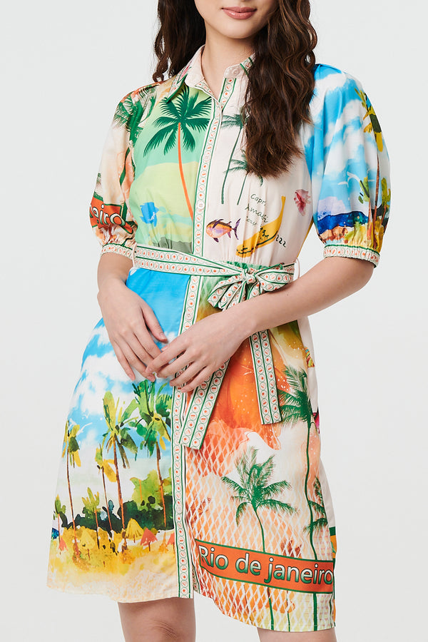 MULTI ORANGE | Tropical Print Tie Waist Short Dress
