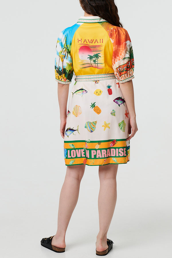 MULTI ORANGE | Tropical Print Tie Waist Short Dress