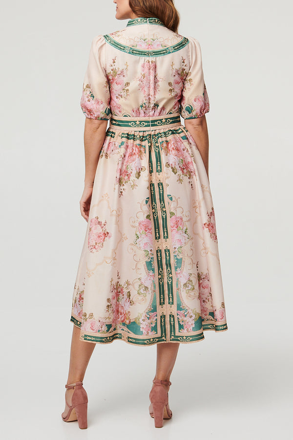 CREAMMULTI / Floral Border Puff Sleeve Midi Dress