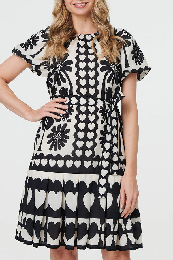 BLACK AND WHITE | Printed Tie Waist Puff Sleeve Mini Dress