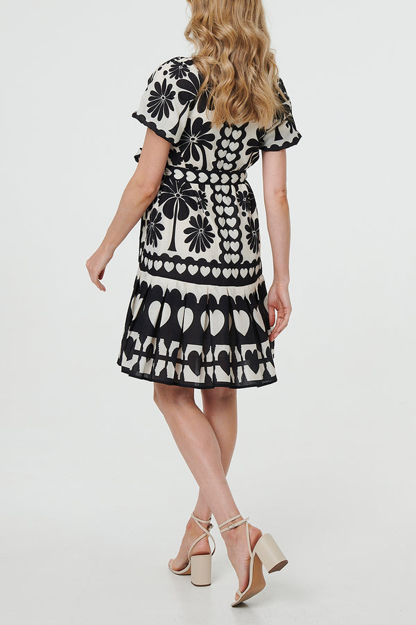 BLACK AND WHITE | Printed Tie Waist Puff Sleeve Mini Dress