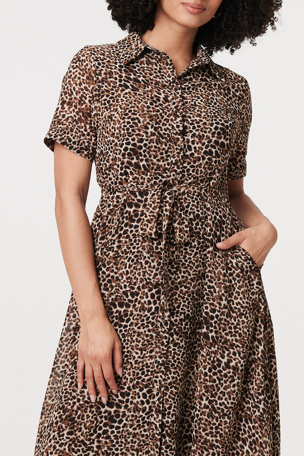 BEIGE | Animal Print Tie Waist Midi Shirt Dress