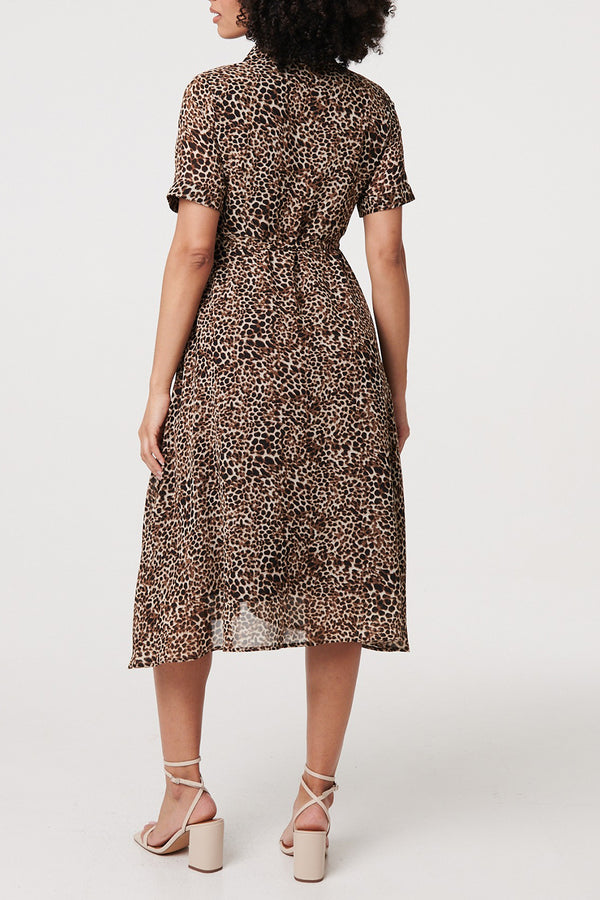 BEIGE | Animal Print Tie Waist Midi Shirt Dress