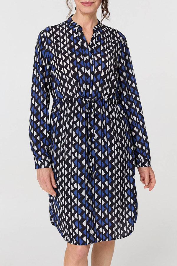 MULTI BLUE | Geo Print Long Sleeve Shirt Dress