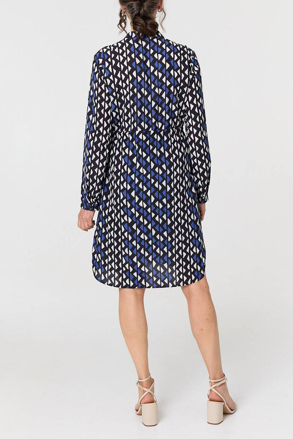 MULTI BLUE | Geo Print Long Sleeve Shirt Dress