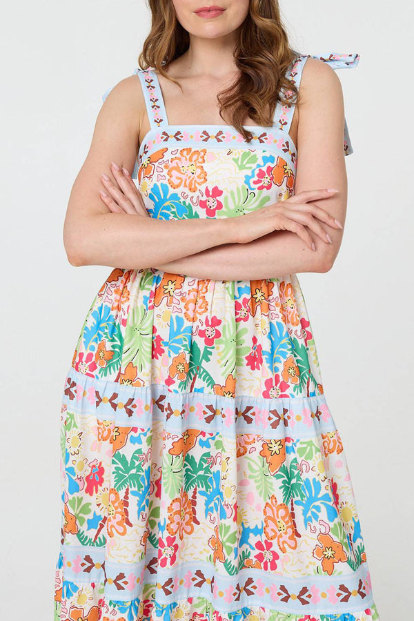 MULTI WHITE | Floral Tie Strap Sleeveless Maxi Dress