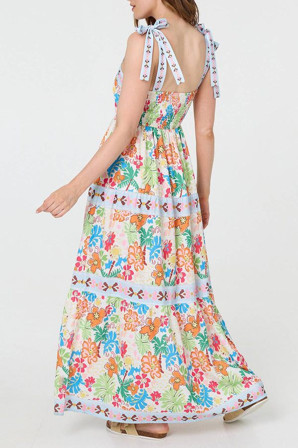 MULTI WHITE | Floral Tie Strap Sleeveless Maxi Dress