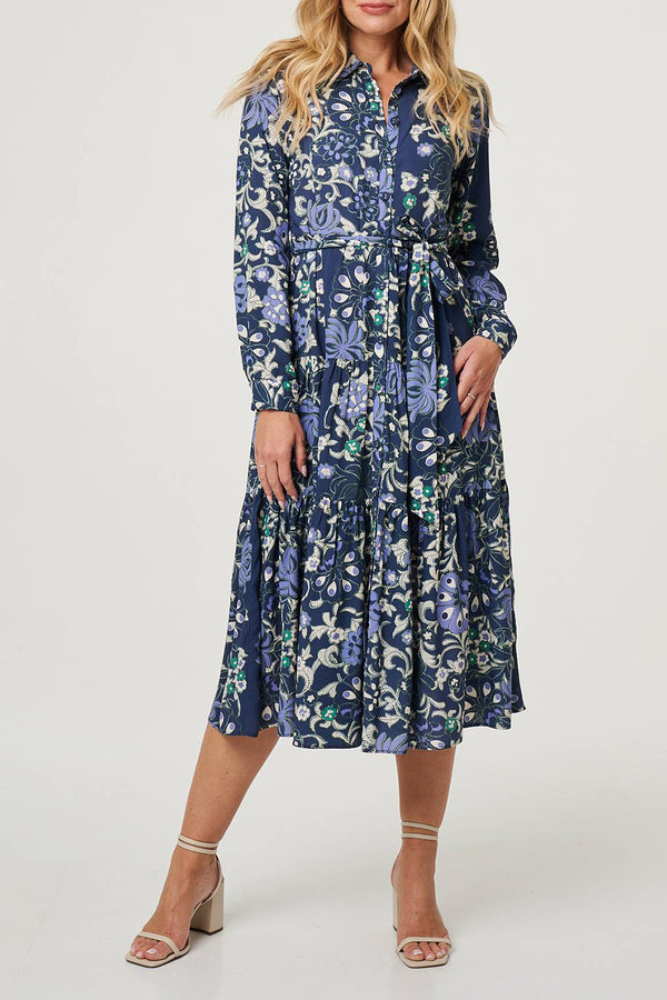 NAVY | Floral Tie Waist Pleat Midi Shirt Dress