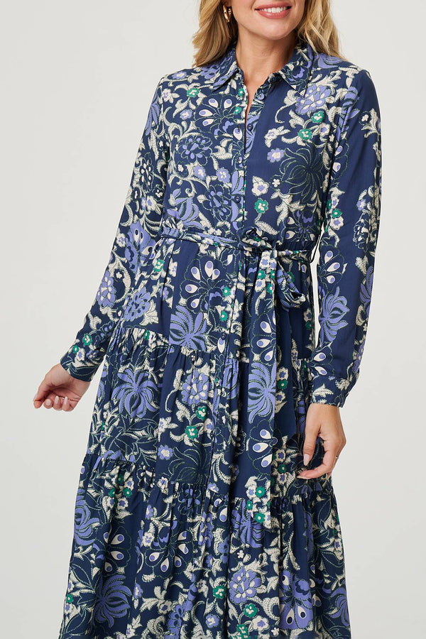 NAVY | Floral Tie Waist Pleat Midi Shirt Dress