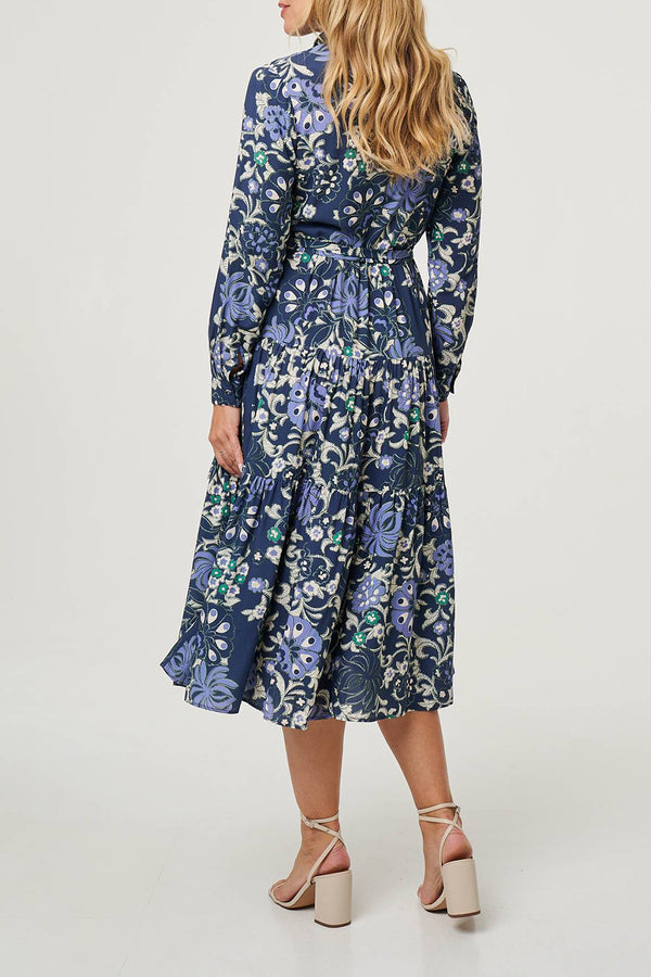 NAVY | Floral Tie Waist Pleat Midi Shirt Dress