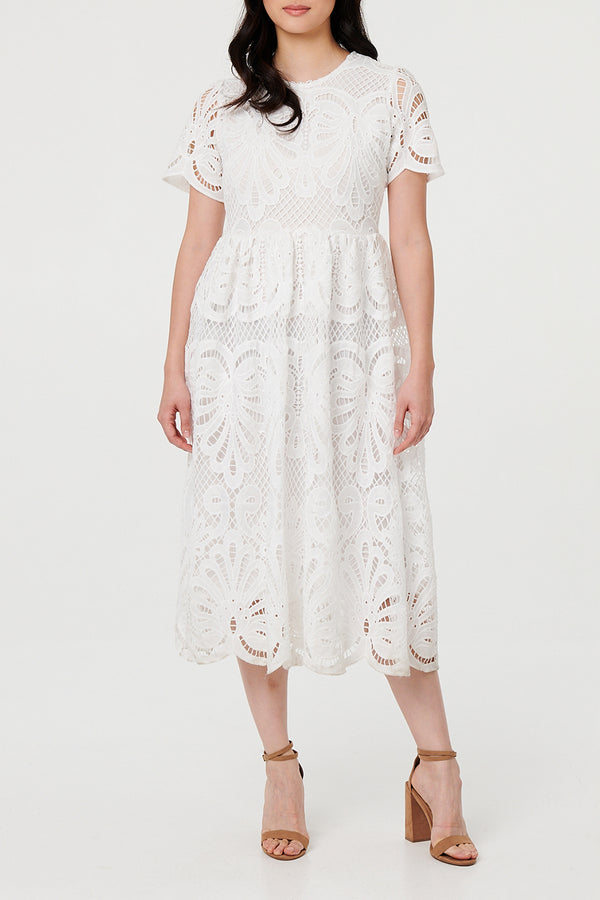 WHITE / Semi Sheer Lace Layered Midi Dress
