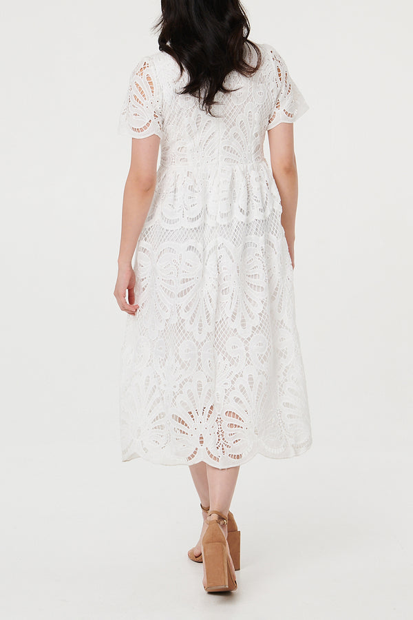 WHITE / Semi Sheer Lace Layered Midi Dress