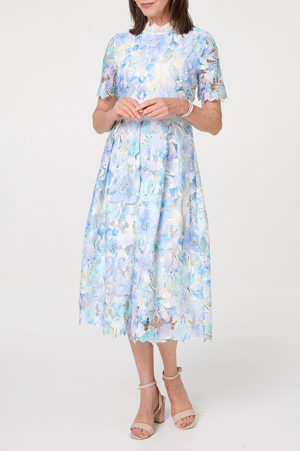 MULTI BLUE / Floral Lace Cut-Out Midi Dress