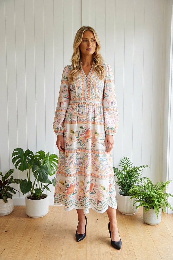 MULTI WHITE | Floral Empire Long Sleeve Midi Dress