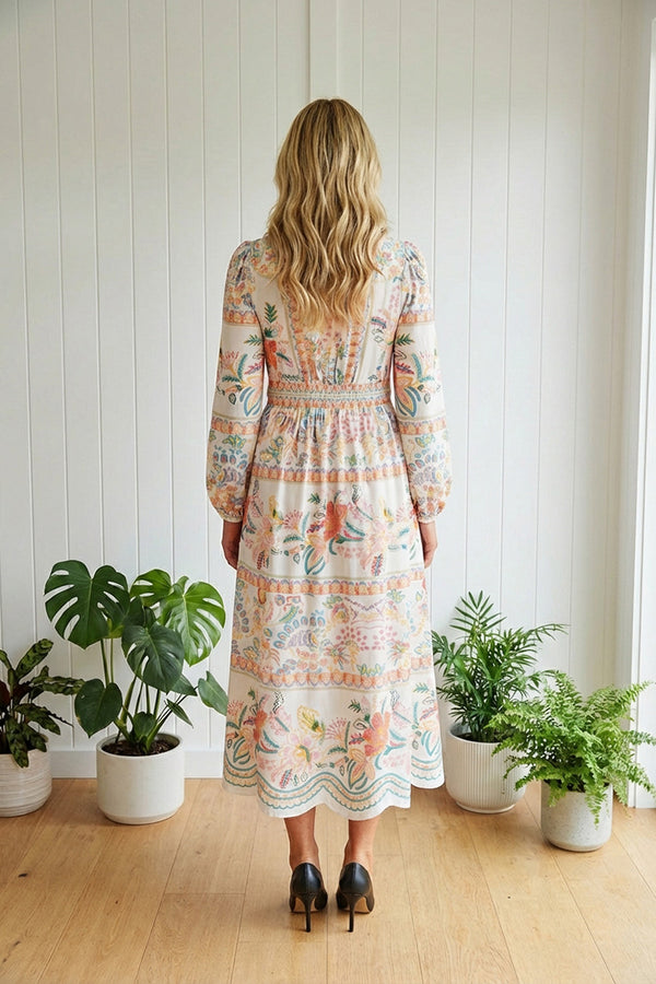MULTI WHITE | Floral Empire Long Sleeve Midi Dress