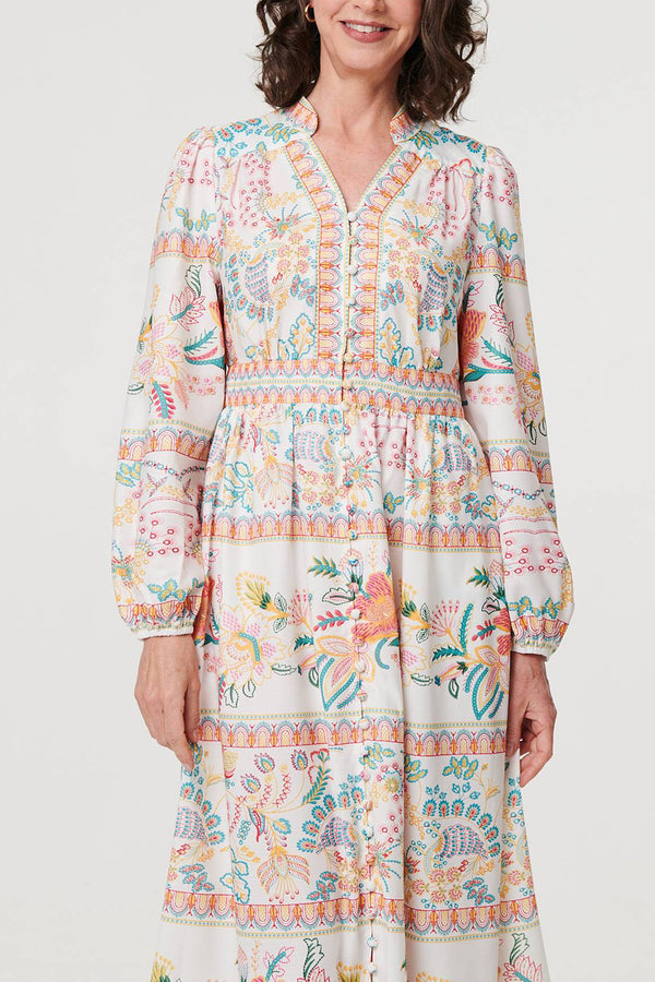 MULTI WHITE | Floral Empire Long Sleeve Midi Dress