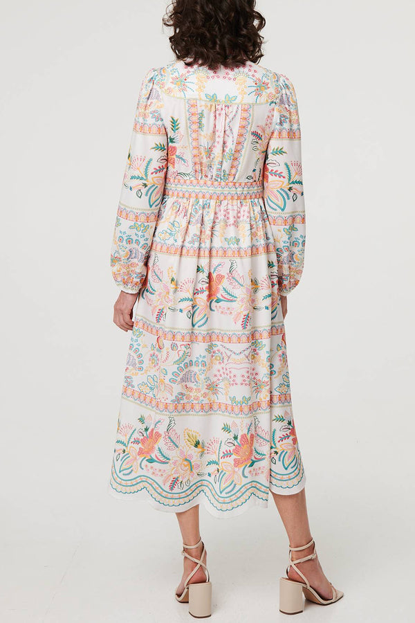 MULTI WHITE | Floral Empire Long Sleeve Midi Dress