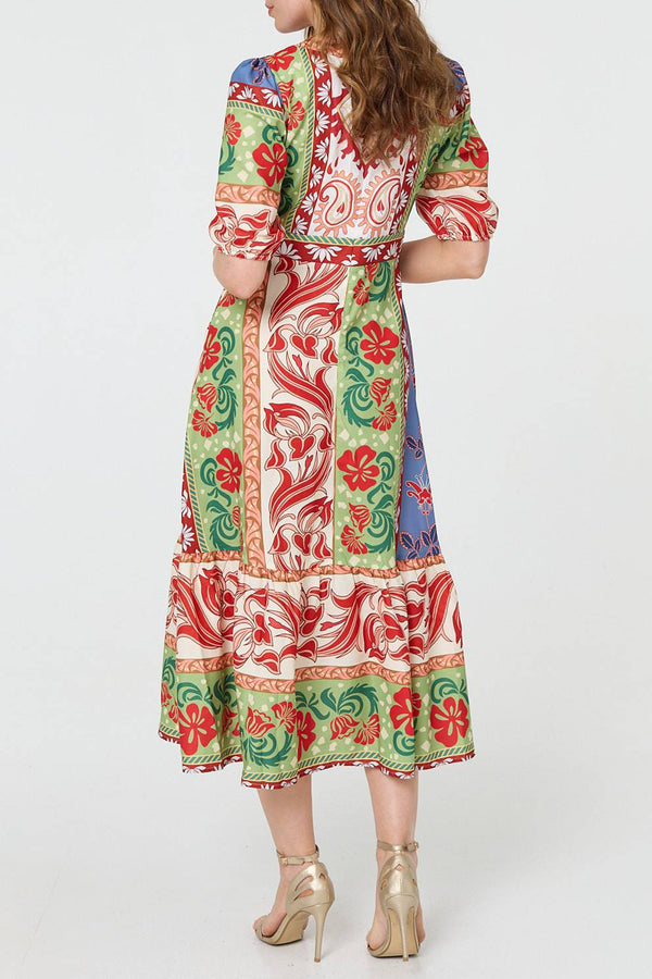 MULTI ORANGE | Floral 1/2 Sleeve A-Line Midi Dress