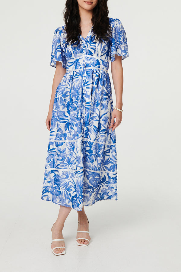 MULTIBLUE / Leaf Print 1/2 Sleeve Tiered Midi Dress