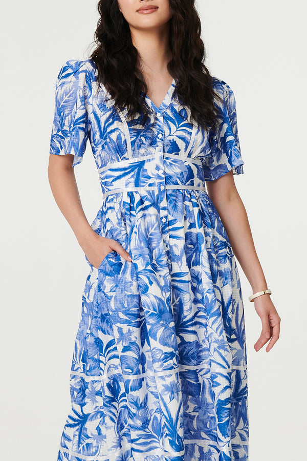 MULTIBLUE / Leaf Print 1/2 Sleeve Tiered Midi Dress