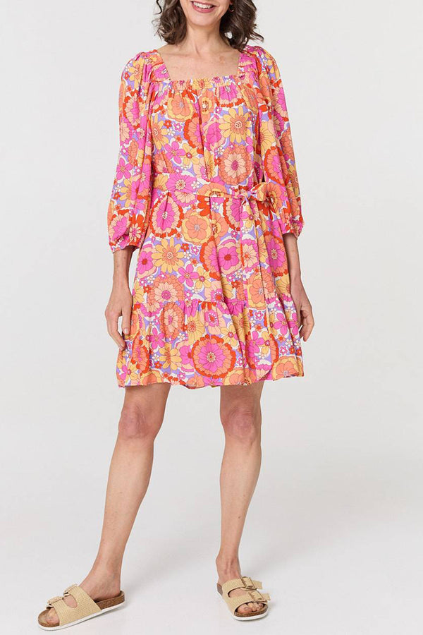 MULTI PINK | Vintage Floral Tie Waist Short Dress
