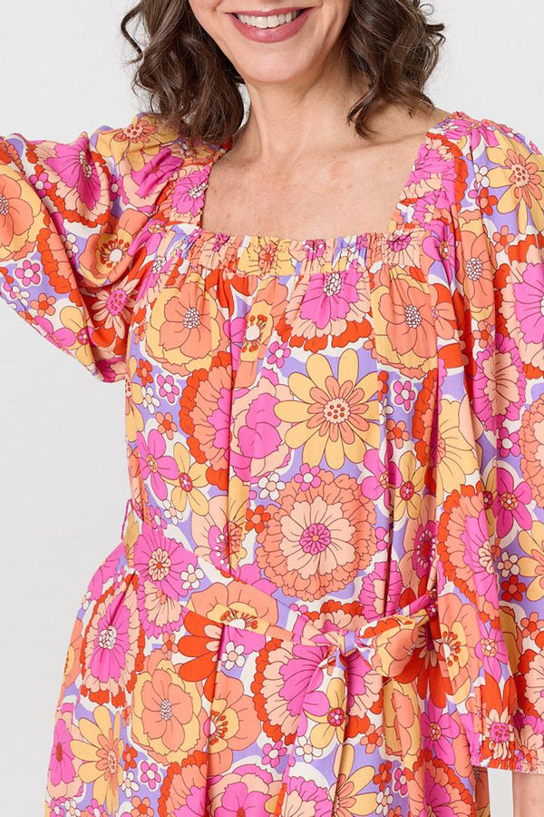 MULTI PINK | Vintage Floral Tie Waist Short Dress