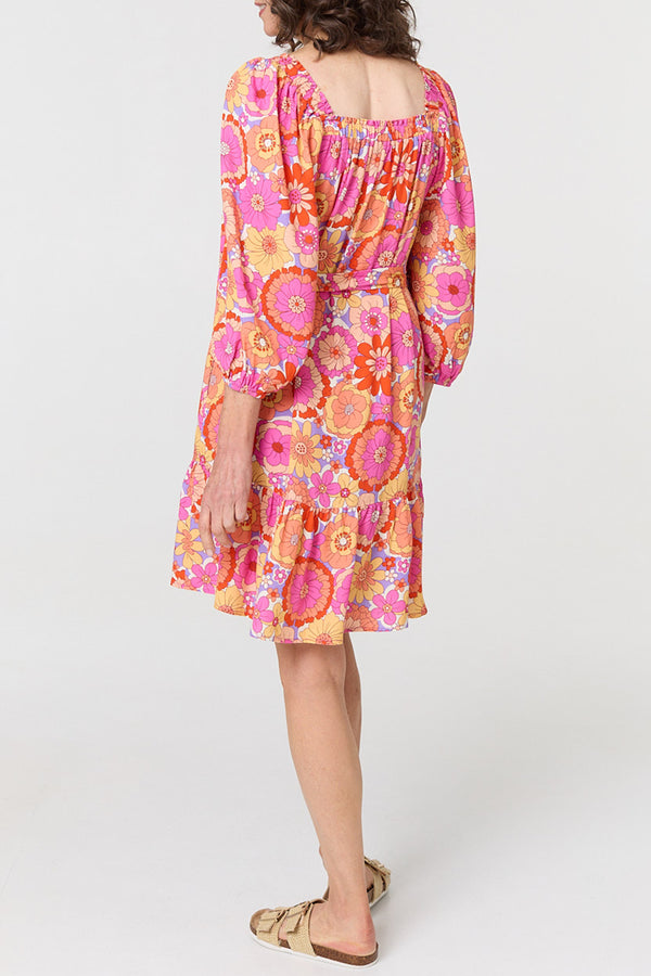 MULTI PINK | Vintage Floral Tie Waist Short Dress