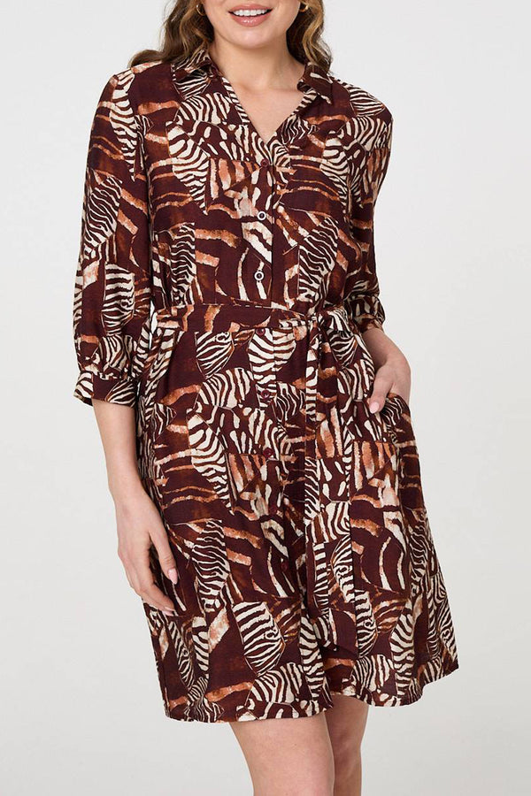 BROWN | Animal Print Tie Waist Short Shirt Dress