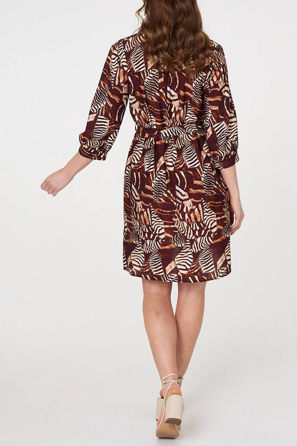 BROWN | Animal Print Tie Waist Short Shirt Dress