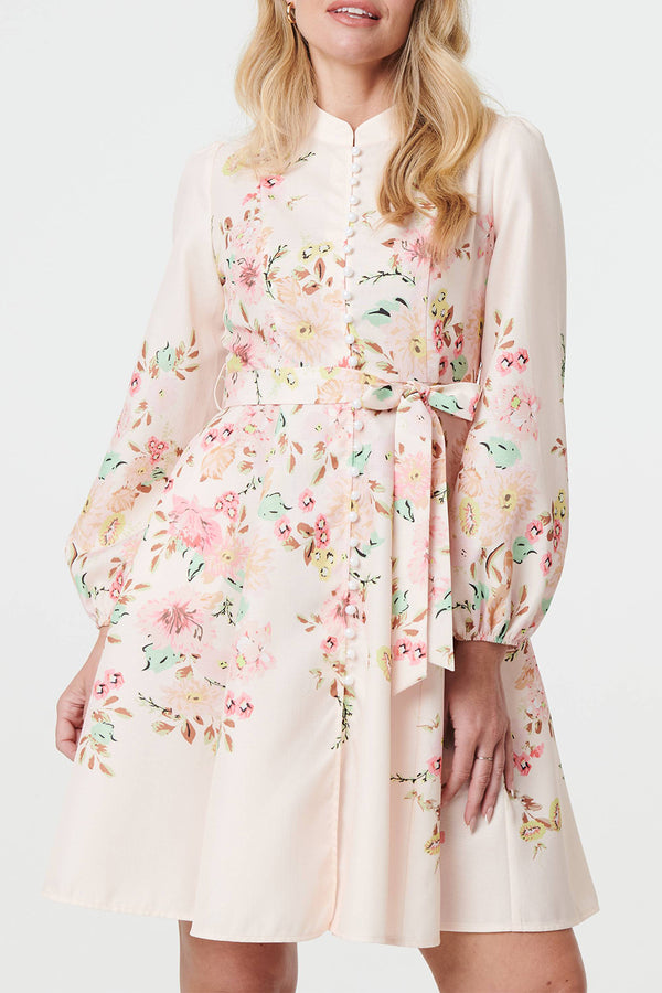 PINK | Floral Long Sleeve Tie Waist Short Dress