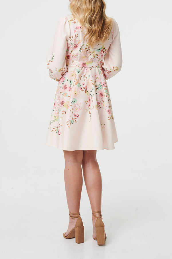 PINK | Floral Long Sleeve Tie Waist Short Dress