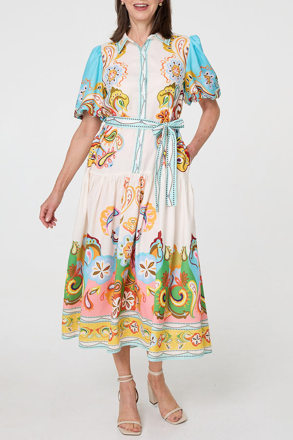 MULTIBEIGE / Border Print Puff Sleeve Tie Maxi Dress
