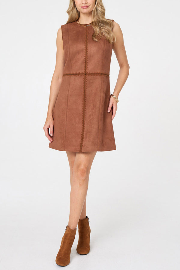 BROWN | Faux Suede Sleeveless Short Skater Dress