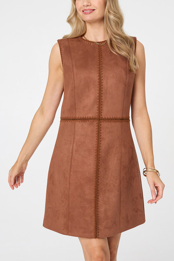 BROWN | Faux Suede Sleeveless Short Skater Dress