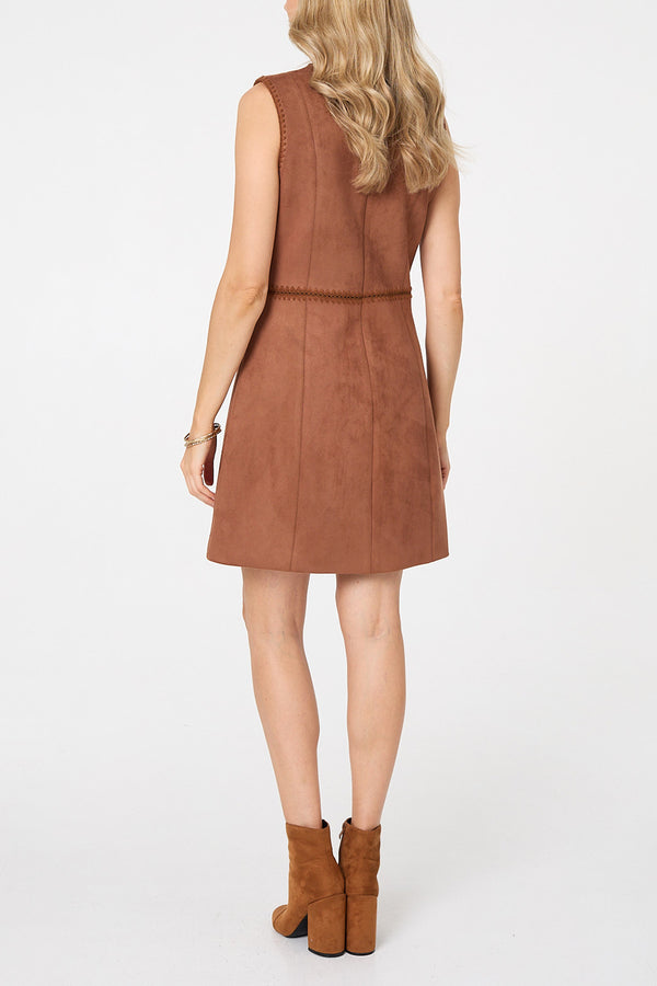 BROWN | Faux Suede Sleeveless Short Skater Dress