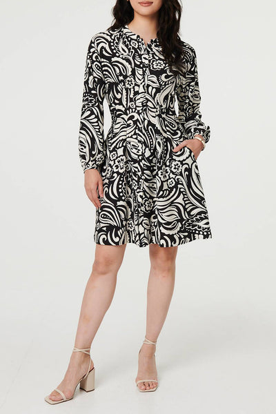 MULTI BLACK | Abstract Long Sleeve Short Shirt Dress
