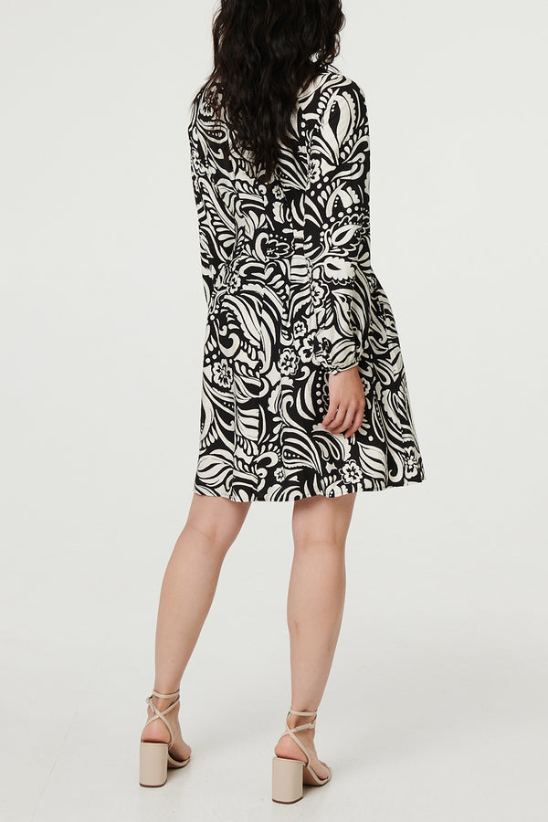 MULTI BLACK | Abstract Long Sleeve Short Shirt Dress