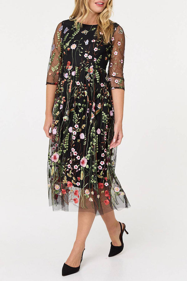 BLACK| Floral Semi Sheer Mesh Layer Midi Dress