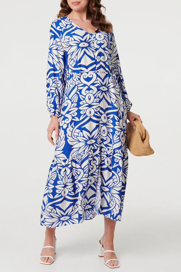 MULTIBLUE /Abstract Long Sleeve Relaxed Midi Dress