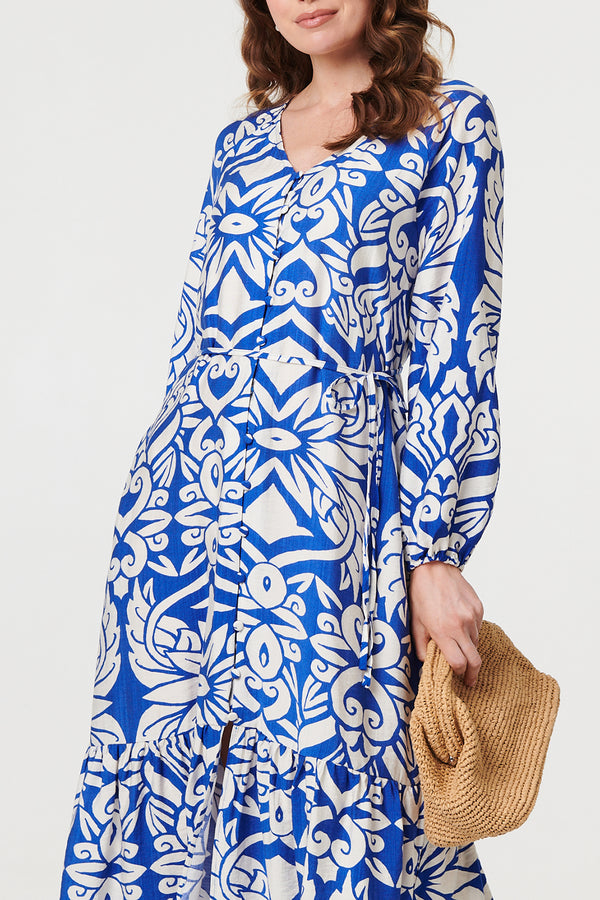 MULTIBLUE /Abstract Long Sleeve Relaxed Midi Dress