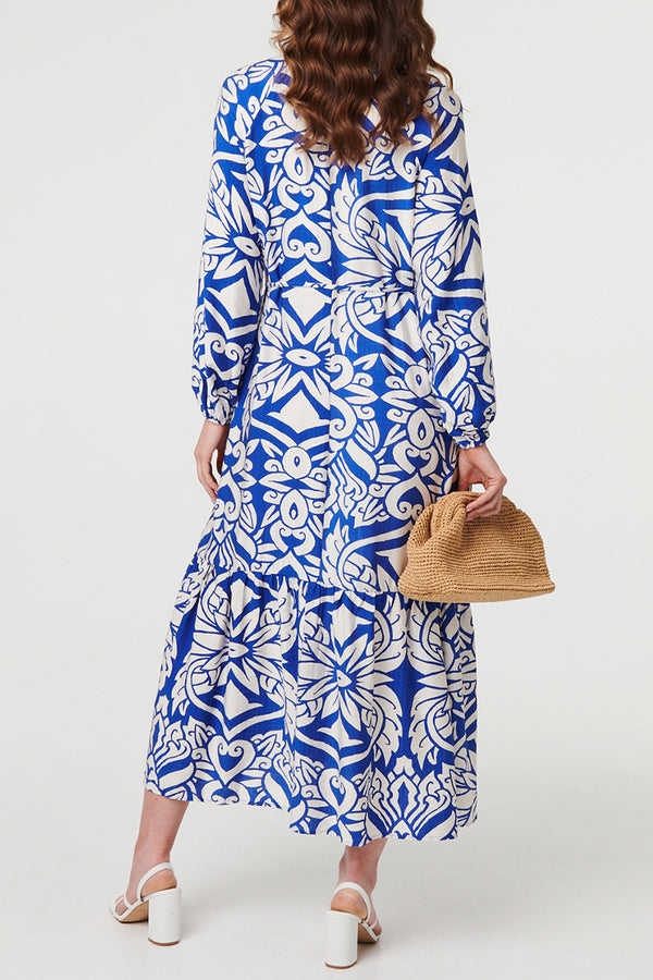 MULTIBLUE /Abstract Long Sleeve Relaxed Midi Dress