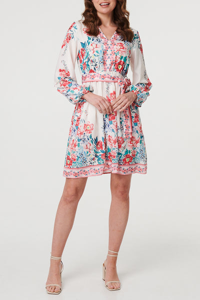 MULTIRED / Border Print Tie Waist Short Dress